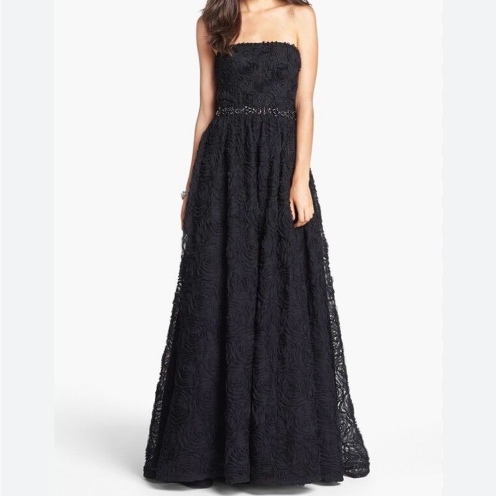 Adrianna Papell Strapless Soutache Black Rosette Tulle Gown - Picture 2 of 8